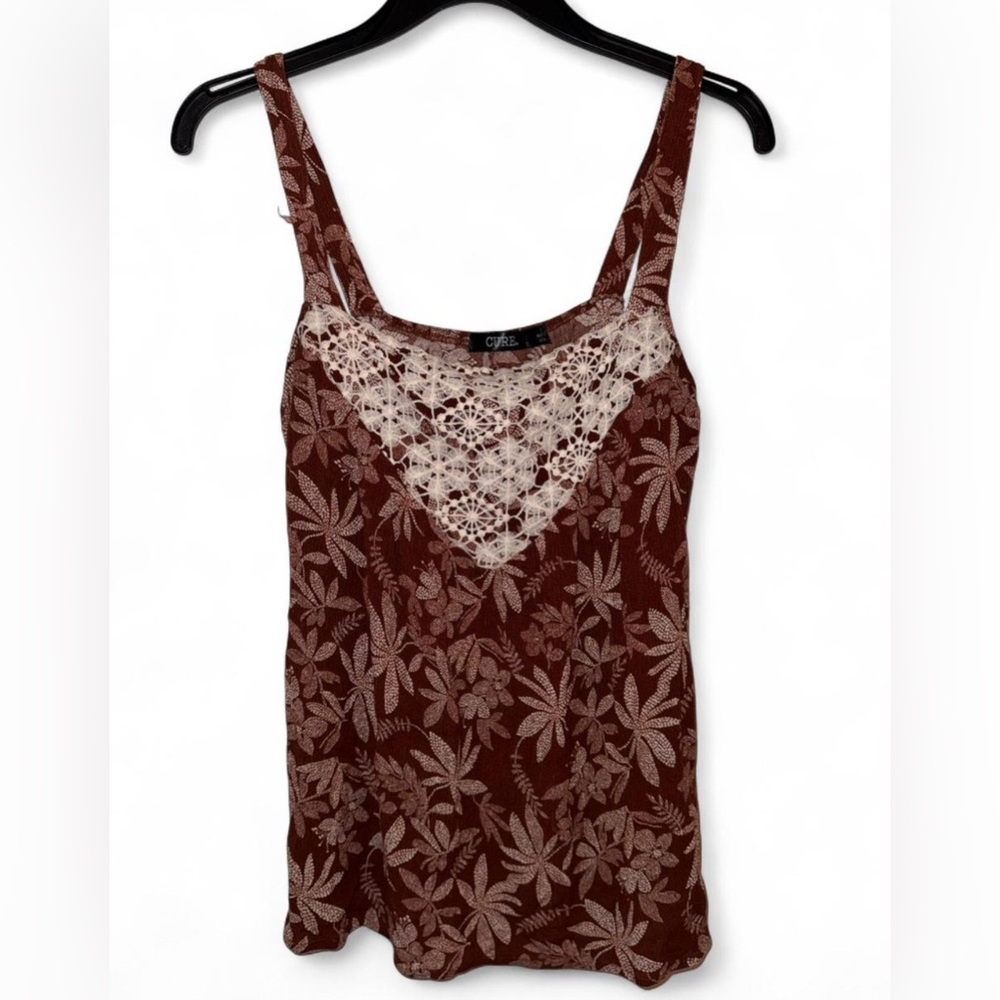 CURE. Boho Brown Floral Tank Top with Crochet Lace – Size S